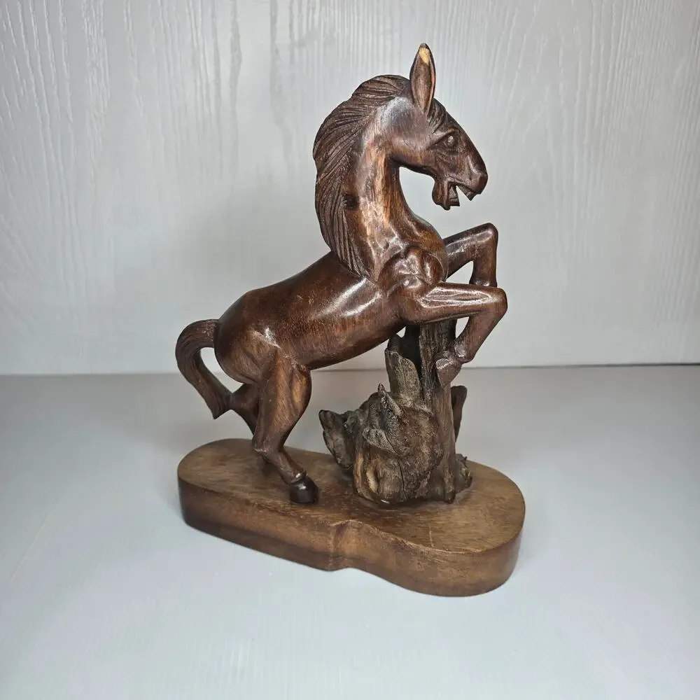 Vintage Wood Hand Carved Rearing Jumping Horse Statue with Base 2 Piece *CHIP*